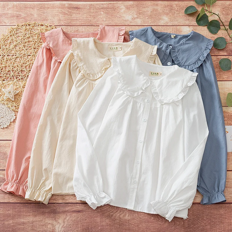 

Sweet Lolita Blouse for Girls Pan Collar Ruffled Hem Buttons down Shirt Tops