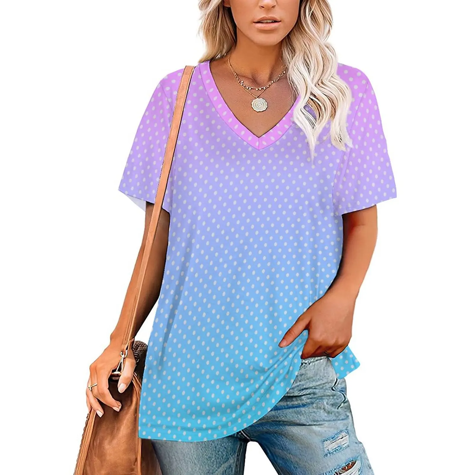 

Polka Dots Print T-Shirt Pastel Gradient Funny T-Shirts V Neck Short Sleeve Design Tshirt Women Casual Tees Big Size 3XL 4XL