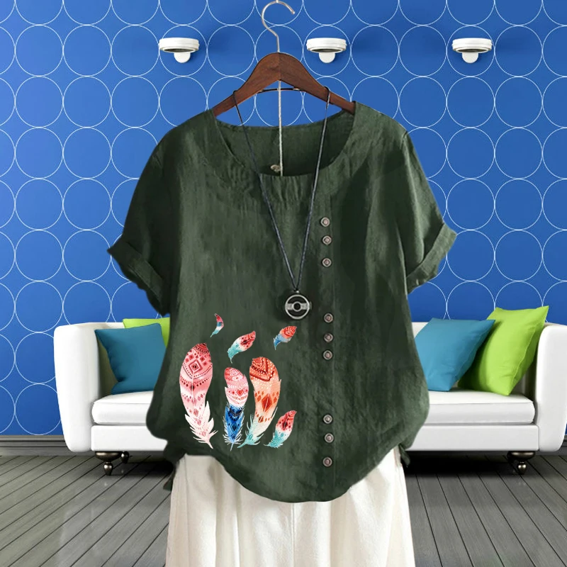 

Футболка женская с круглым вырезом, свободный льняной пуловер с коротким рукавом и разноцветным принтом в виде перьев, топ на лето