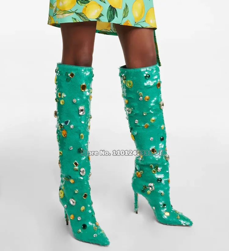 Colorful Gemstone Decor High Heel Knee High Boots Women Turquoise Green Thin High Heeled Pointy Toe Long Bota Feminina