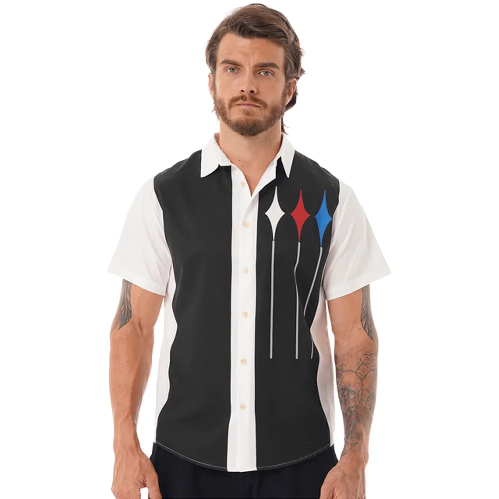 

Mens Shirts Retro Short Sleeve Button Down Casual 50s Tee Color Block Striped Notched Collar Shirt