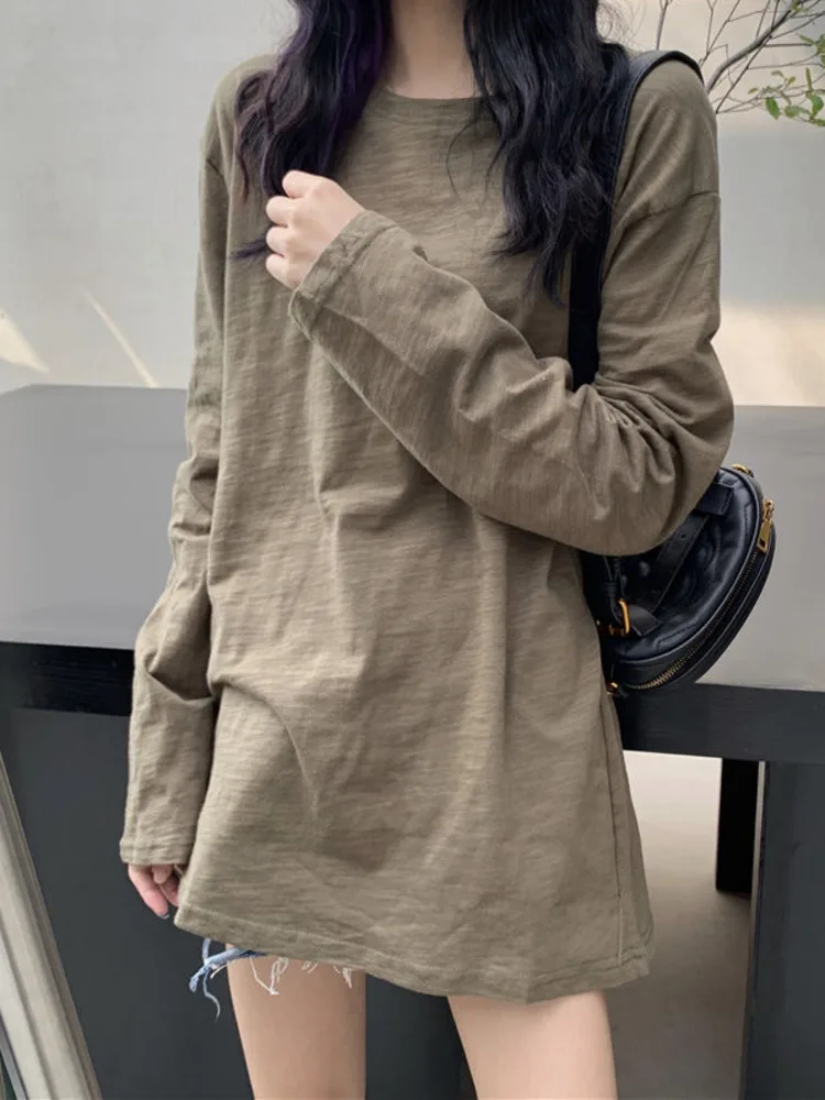 

Базовая футболка из бамбукового хлопка для женщин, однотонная Повседневная Свободная футболка с длинным рукавом, простые корейские топы с ...