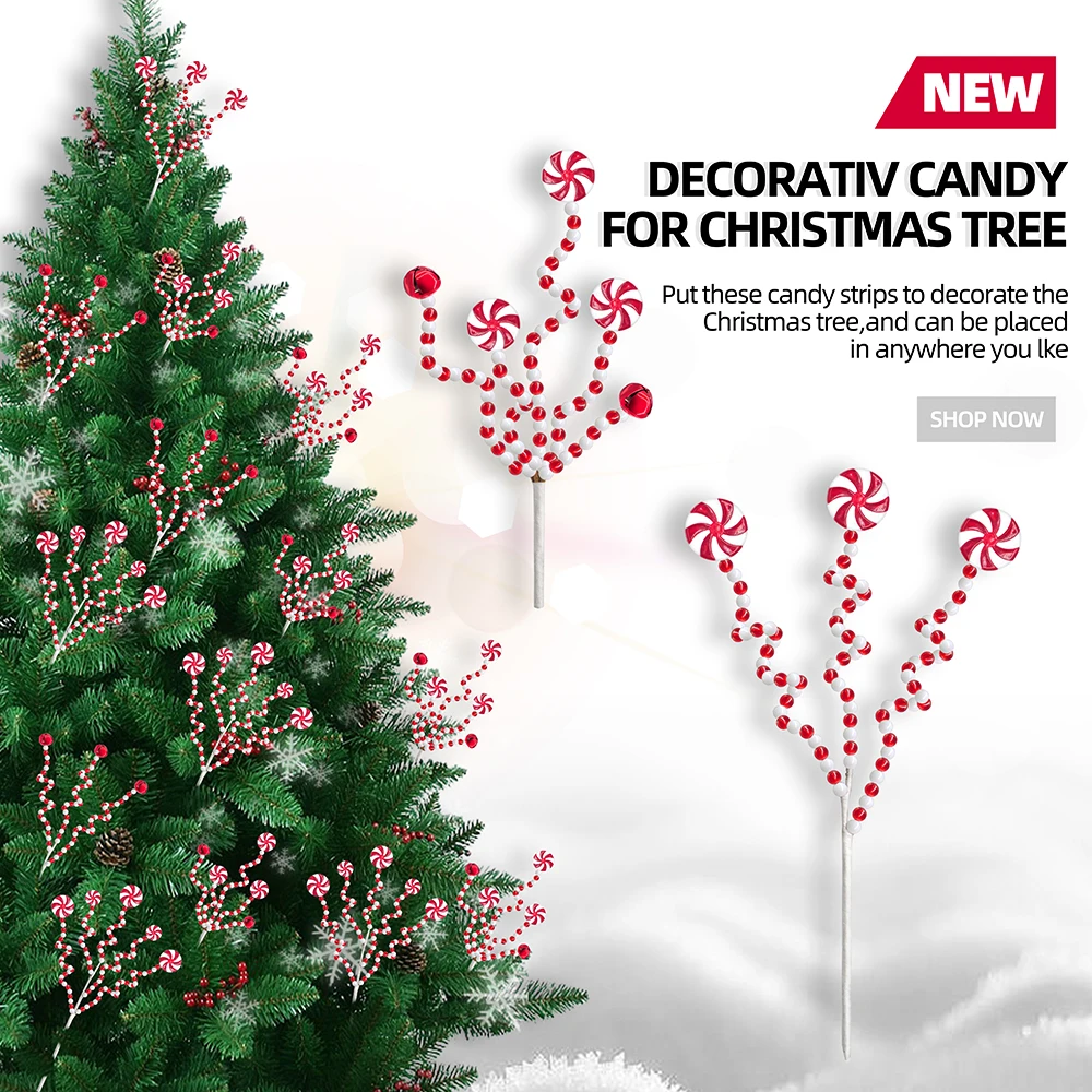 Christmas Candy Cane Bifurcation Decoration Bells Lollipop Xmas Tree Hanging Ornaments Wedding Bouquet Natal Decor Gifts Navidad