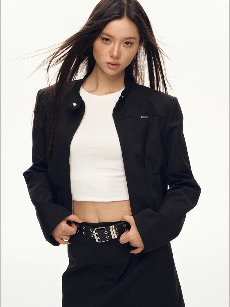 HOUZHOU черные укороченные куртки-бомберы женские Y2k винтажные базовые