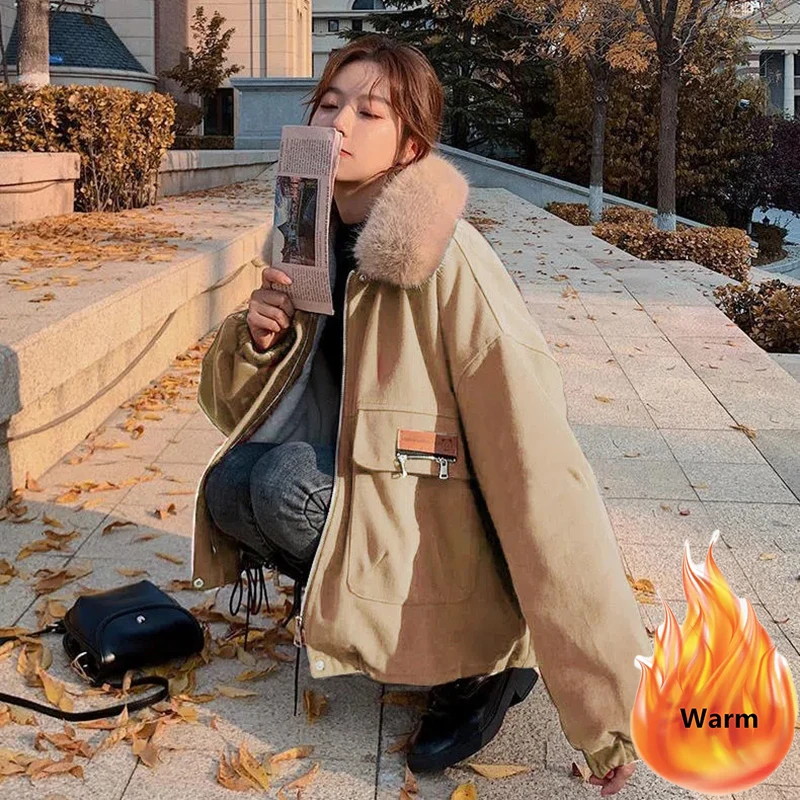 Winter Plus Velvet Thicken Faux Fur Collar Cotton Padded Jackets Warm Casual Windproof Red Coats Korean Loose Outwear For Women