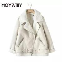 moyatiiy fashion women motorcycle jacket winter thick warm leather jackets coats creative large turn collar overcoats with zip