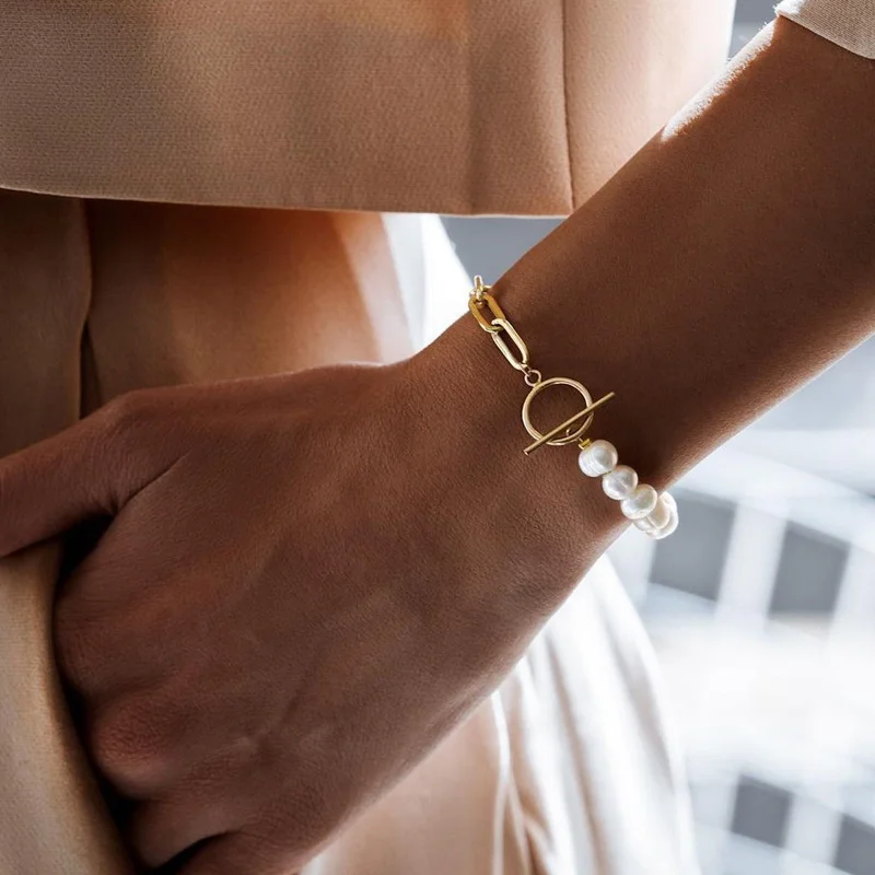 

2023 Fashion Paperclip Chain Bracelet Women Temperament Simulated Pearl Stainless Steel Chain Bracelet For Women Jewelry Gift
