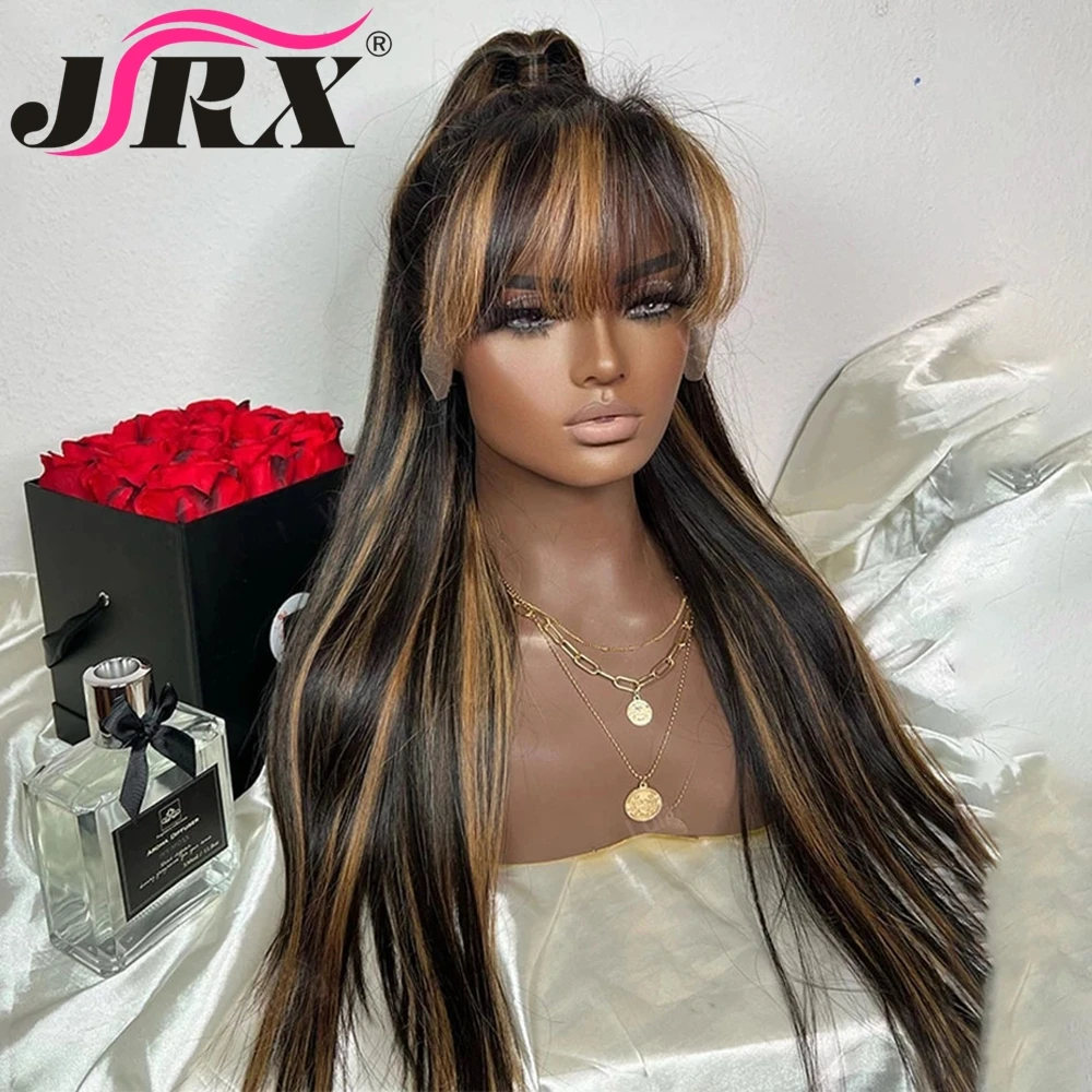 Highlight Colored Straight Human Hair Wigs with Bangs Glueless Full Machine Made Peruvian Wigs for Women Remy Fringe Hair