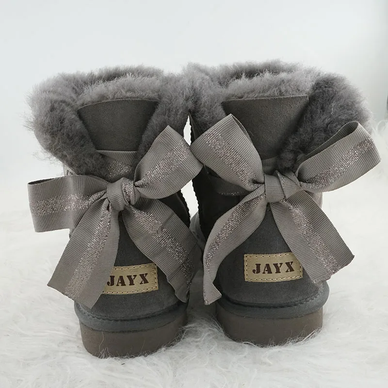 

JAYX 2023 New Arrival 100% Real Fur Classic Tie Bow Genuine Sheepskin Leather Snow Boots Natural Boots Winter Shoes for Women