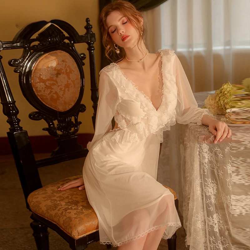 New Lace Mesh Pajamas Nightgown Long Sleeve Night Dress Sexy Sleepwear Women Backless Nightwear Night Gown Female Homewear