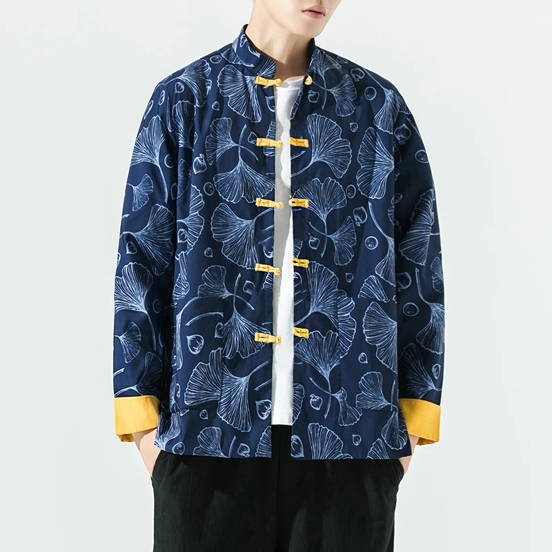 

2022 Men's Print Small Suit Jacket Coats Chinese Style Slim Standing Collar Zhongshan Outfit Handsome Coat Male Suit Coat