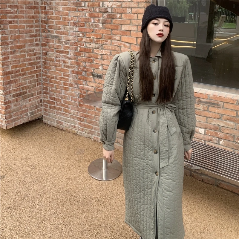 

Women's Green Down Jacket Belt Long Cotton Clothes Winter Warm Thicken Windproof Korean Fashion Loose Oversized Coat Tops