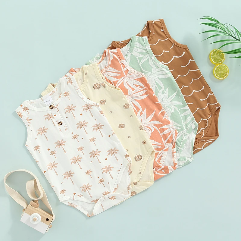 

Summer Casual Baby Boys Girls Romper Leaves Print Sleeveless Round Neck Button Jumpsuits Holiday Beachwear Clothes