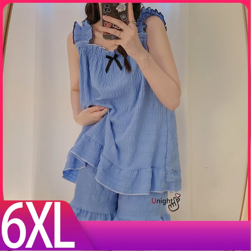 

Летние комбинированные пижамные комплекты, милая рубашка для сна с оборками без рукавов, большие размеры, хлопковая Марля 5XL 6XL, одежда для с...