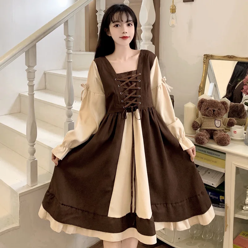 

Женское платье Лолита с длинным рукавом, морячное платье со съемным синим воротником, шнуровкой и регулируемыми оборками, милое лоскутное платье