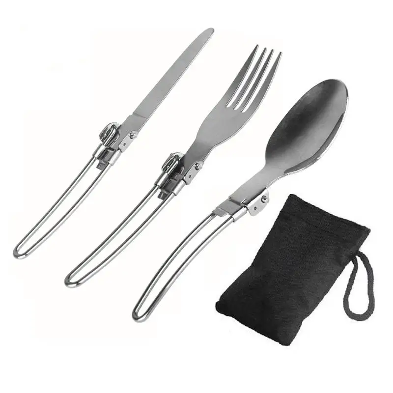 

3Pcs Portable Outdoor Camping Tableware Set Travel Picnic Foldable Stainless Steel Cutlery Set Spoon Fork Knife Tableware