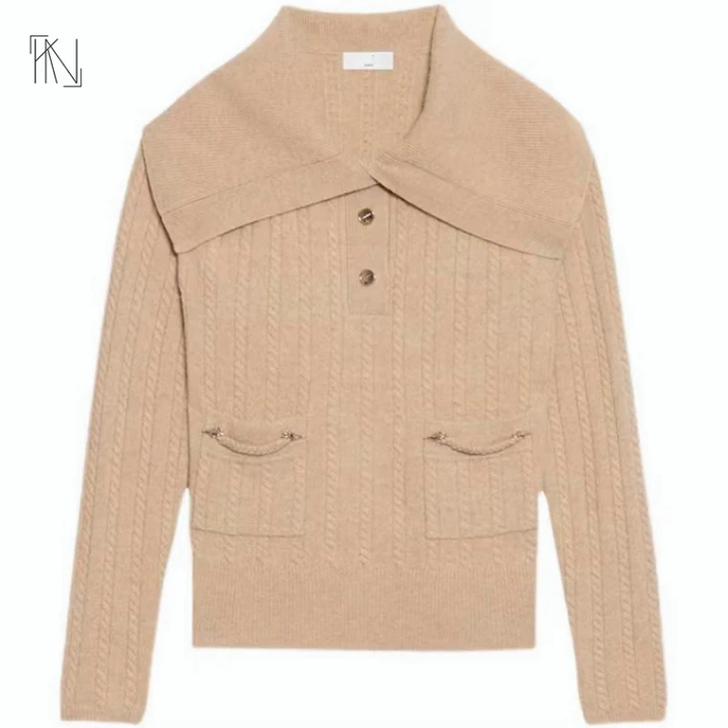 

Solid Color Wool Long Sleeve Pullover for SANDR* 2022 Spring New Style Shawl Polo Collar Slip Pocket Knitted Sweater Women