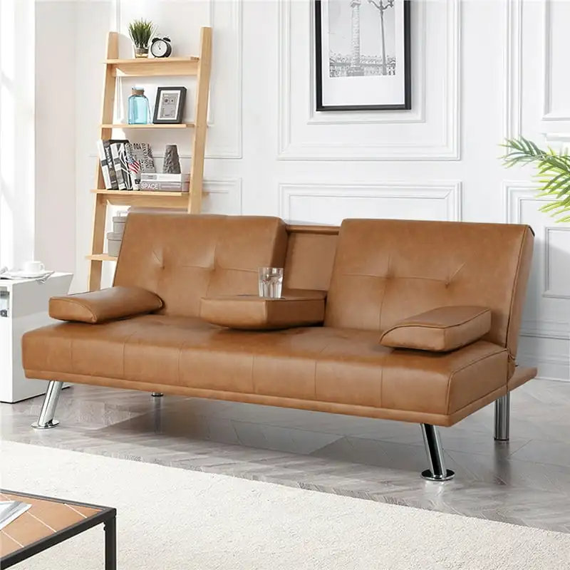 

Faux Leather Reclining Futon with Cupholders and Pillows, Brown Stool chair Stool chair Stool chair