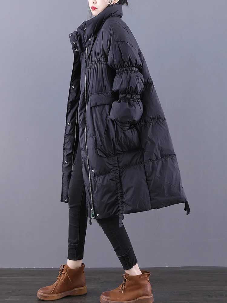 New Winter Women Stand Collar Thick Warm White Duck Down Parka Casual Female Zipper Pocket Loose Long Down Coat Outwear