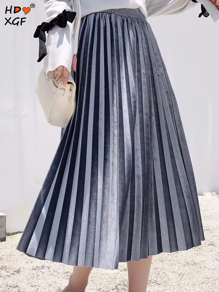

Женская плиссированная юбка средней длины, простая трапециевидная элегантная юбка с высокой талией, несколько цветов, в Корейском стиле, уличная одежда