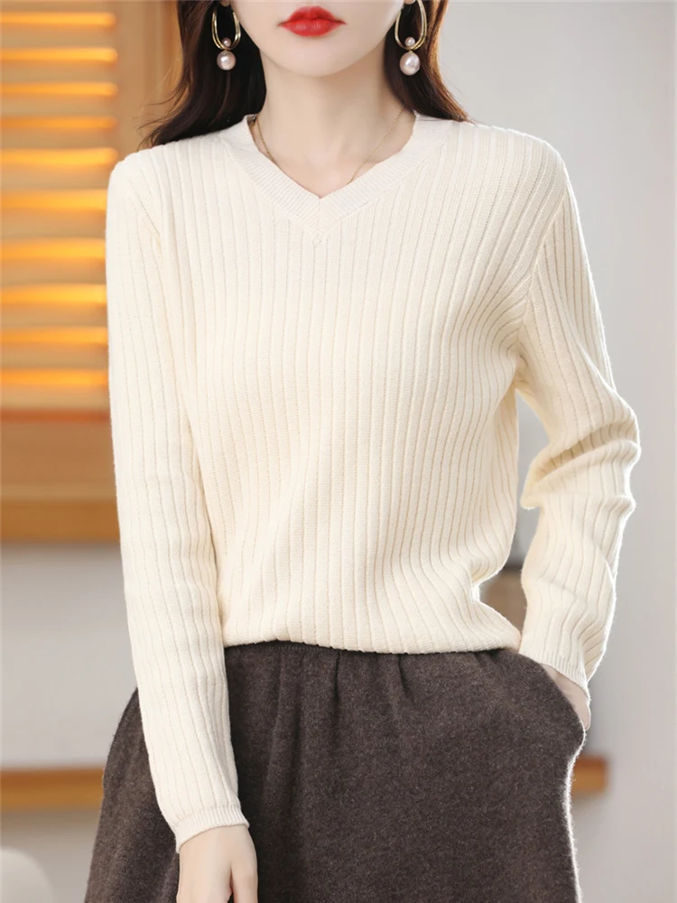 

Boutique Cotton Pit Strip Thickened Sweater Women's Loose Plus Size Solid Color V-Neck Knitted Inner All-Match