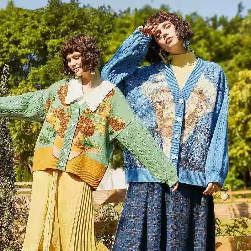

Van Gogh Sunflower Vintage Sleeve Cardigan Knit Sweater 2021 Women Elegant Luxury Embroidery Knitwear Sweaters Streetwear Tops
