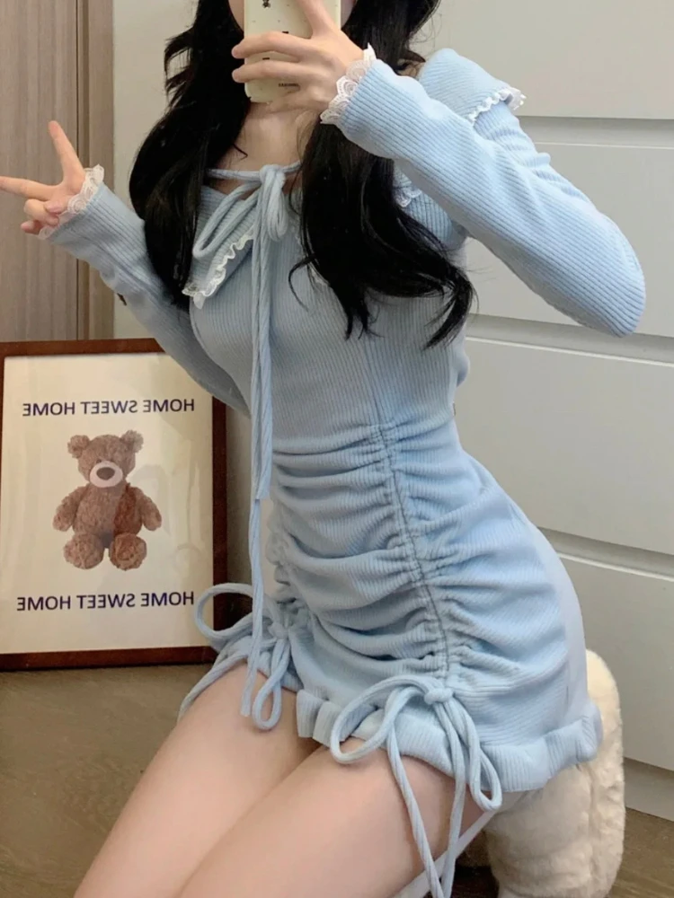 

Зимнее синее милое вязаное платье, женское элегантное мини-платье с воротником в стиле Питер Пэн, женское милое винтажное платье в Корейском стиле, 2023