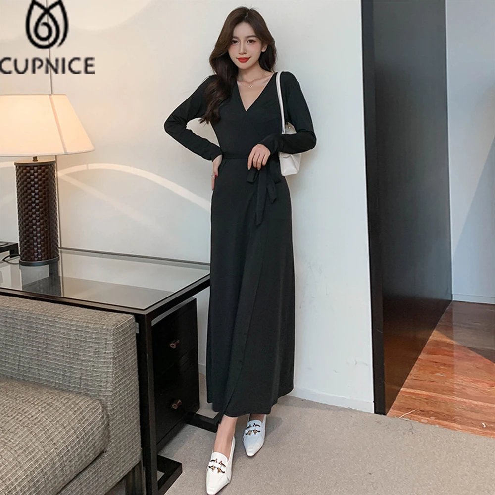 

Blossomora Spring Black All-match Solid Tea Dress for Women V Neck Elastic Waist Split Sexy Dresses Vintage Long Sleeve Autumn