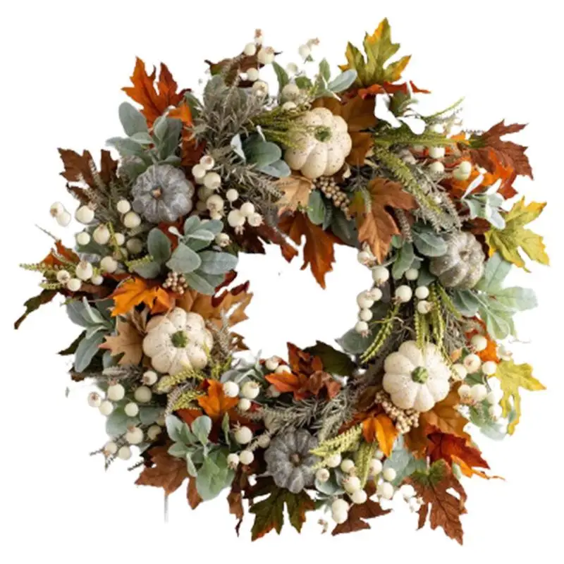 

45cm Fall Wreath Artificial Maple Leaf Pumpkins Berries Decorative Wreaths Autumn Atmosphere Decor for Halloween Thanksgiving