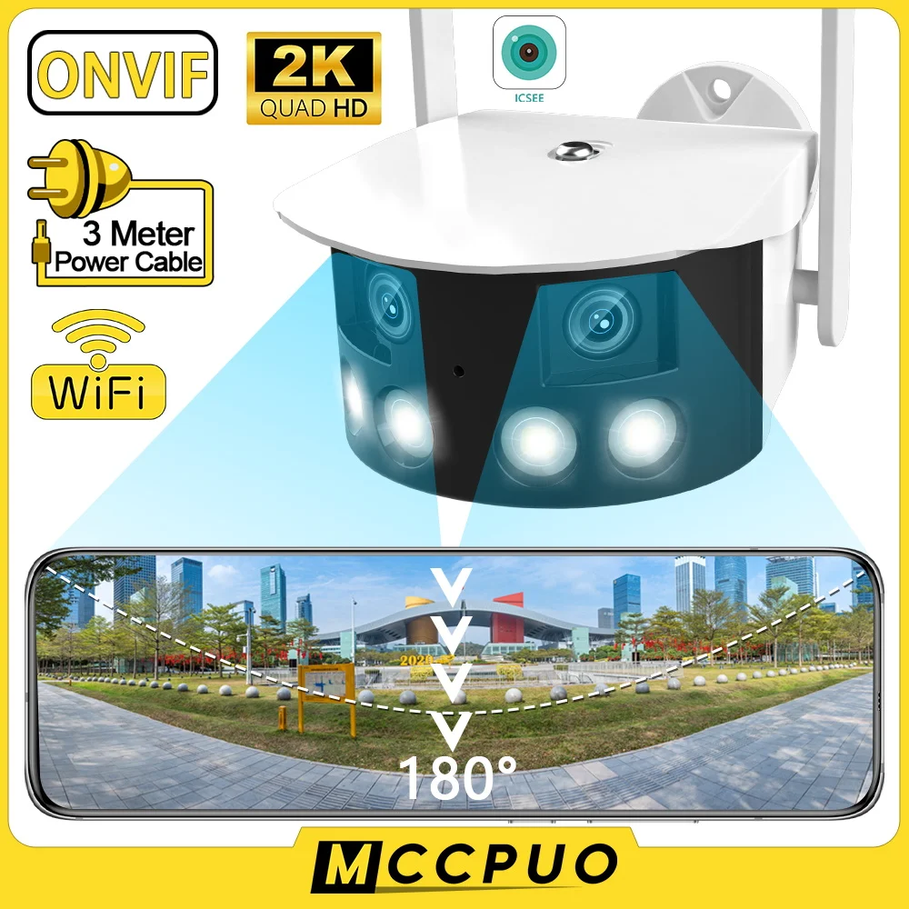 

Mccpuo 2K 4MP Dual Lens Security Camera 180 ° Ultra Wide Angle WIFI Outdoor Motion Detection Color Night Vision IP Camera iCsee