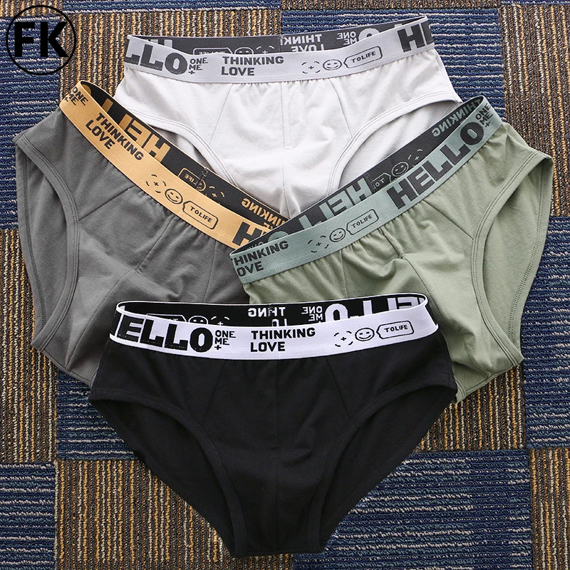 FK Sexy Men's Cotton Panties Letters Print Underwear Stretch Belt Underpants Shorts Man Panty 3D-Pouch Male Briefs 4pcs