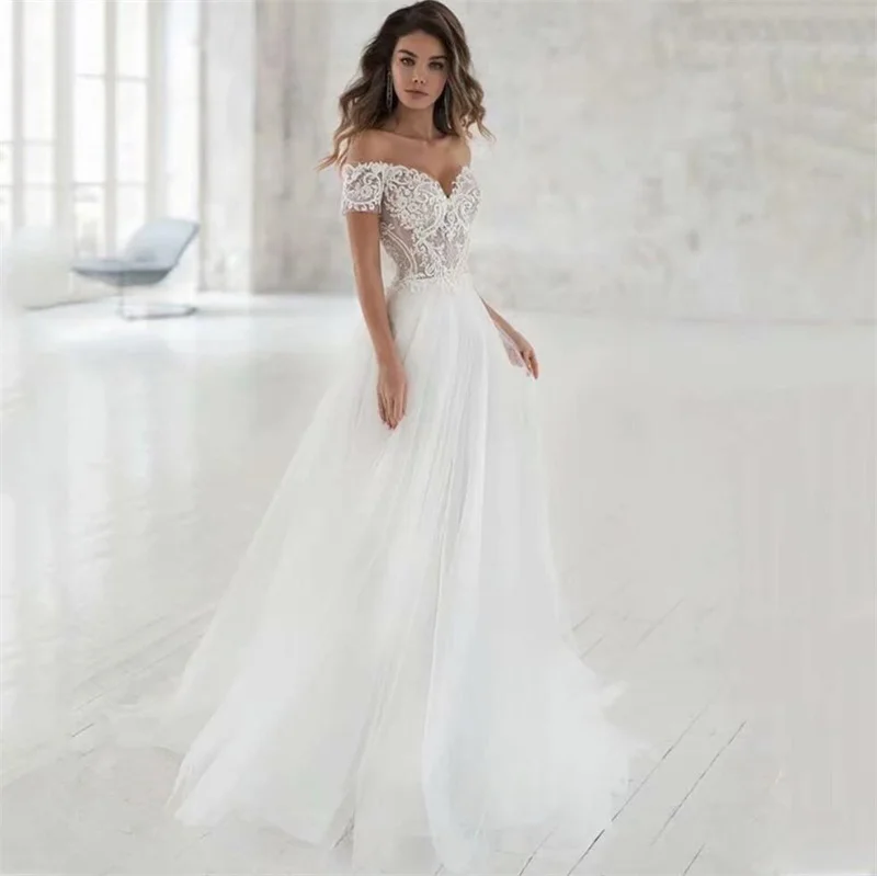 

Backless Off-Shoulder Short Sleeve A-Line Tulle Sweep Train Applique Wedding Dress vestido de noiva Bridal Dress Wedding Gowns