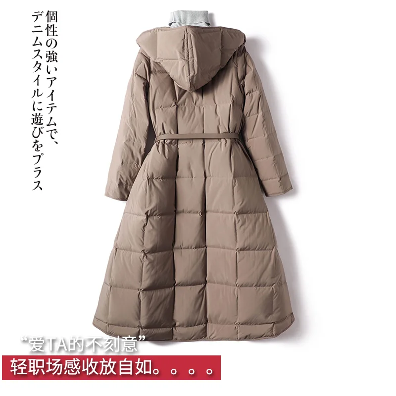Long Duck Jacket Women Casacos De Inverno Feminino  High Street Thin Hooded Covered Button  Slim  Adjustable Waist Coat