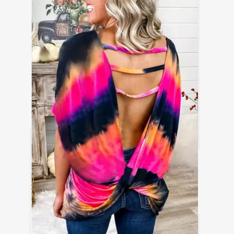 

Womens Sexy T-shirt Short Sleeve Backless Elegant T-Shirt Top O-Neck Patchwork Tie Dye Tops Summer Loose Ladies Tee Wholesale
