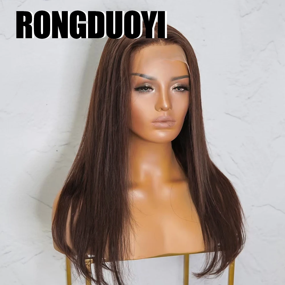 Фото RONGDUOYI Коричневый Синтетический Парик С Натуральной Волной 13×4 Кружева Средняя Часть Тепловое Волокно Парики Фронта Шнурка Ежедневный Макияж Использование Коричневые Волнистые Волосы №3