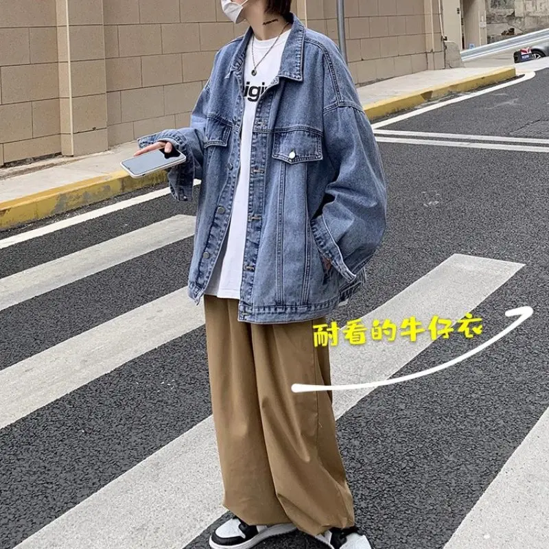 American vintage Denim coat Men's Autumn and Winter High Street Pu Shuai Lapel Cargo Jacket Fashion Brand Loose Couple Top