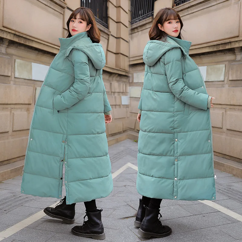 2022 Women's Long Knee Warm Down Cotton Padded Jackets Lady Fashion Elegant Solid Color Female Loose Casual Hooded Thick Coats