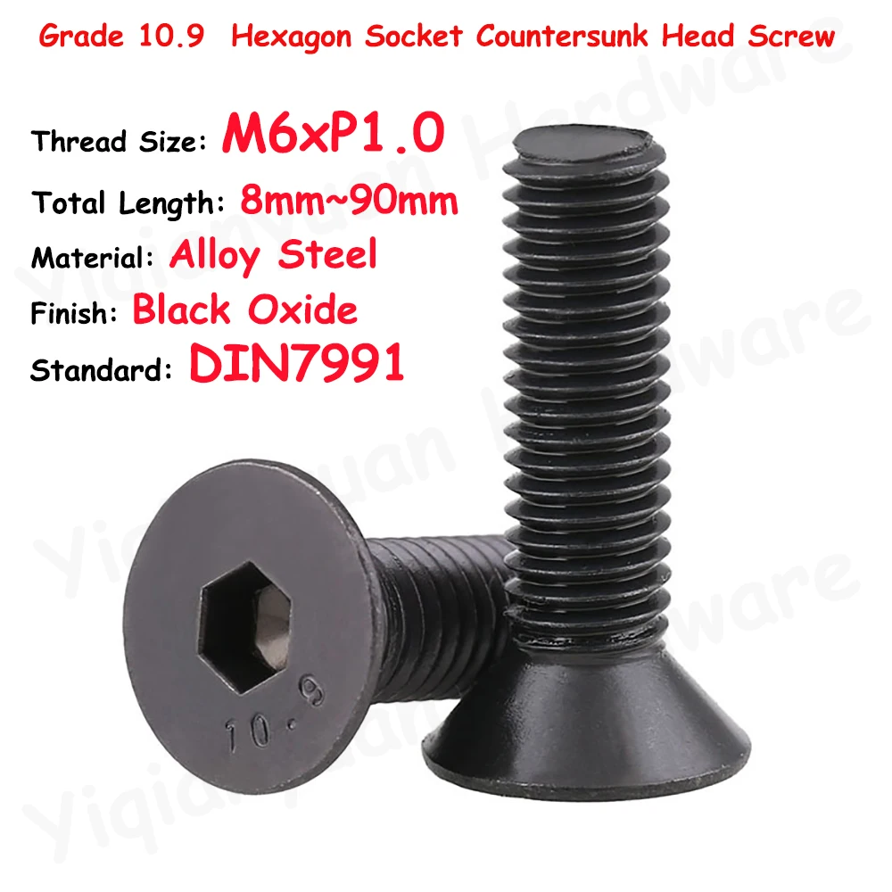 

DIN7991 M6xP1.0 Coarse Thread Grade 10.9 Alloy Steel Hexagon Socket Countersunk Head Cap Screws Black Oxide Allen Key Flat Bolts