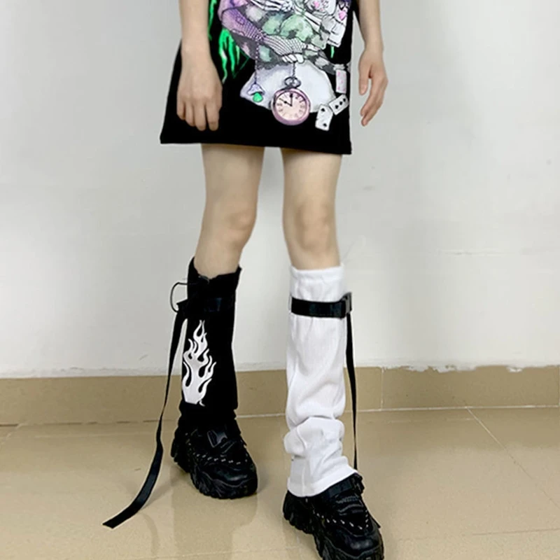 Punk Gothic Leg Warmer Fire Printed Foot Cover Leg Sleeve Long Socks Party Sports Casual Stockings 37JB