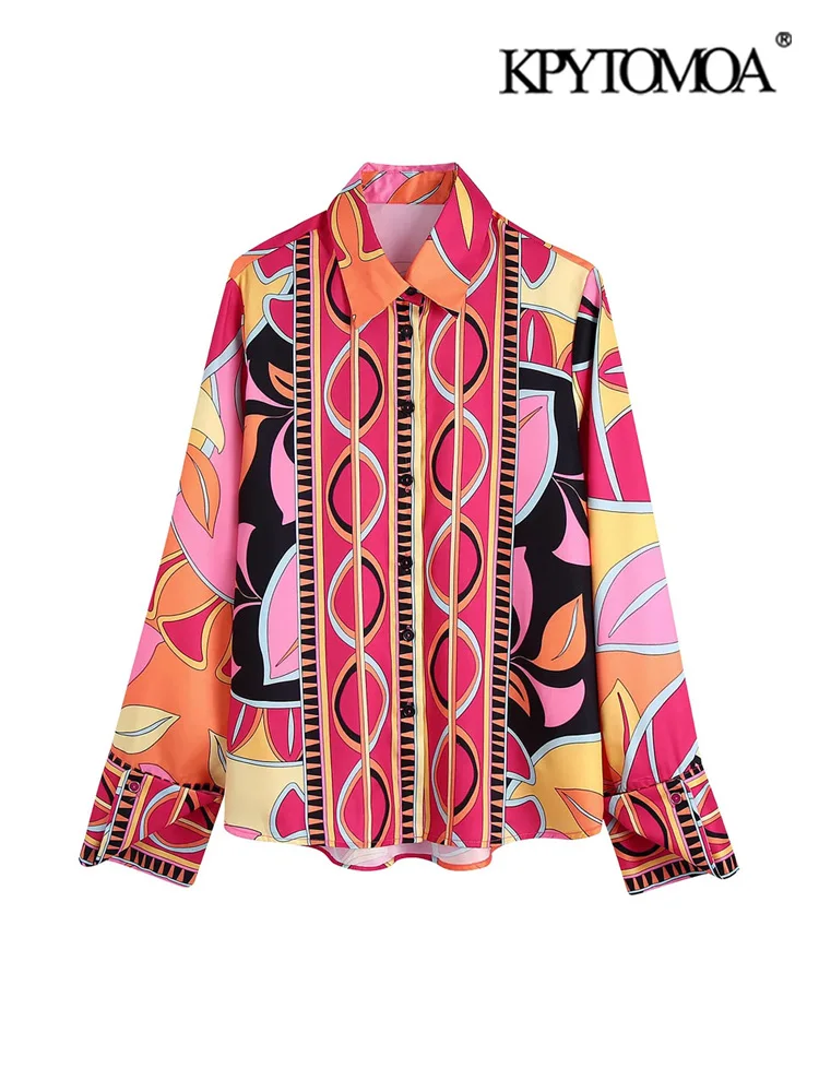

KPYTOMOA Women Fashion Flowing Printed Shirts Vintage Long Sleeve Button-up Female Blouses Blusas Chic Tops