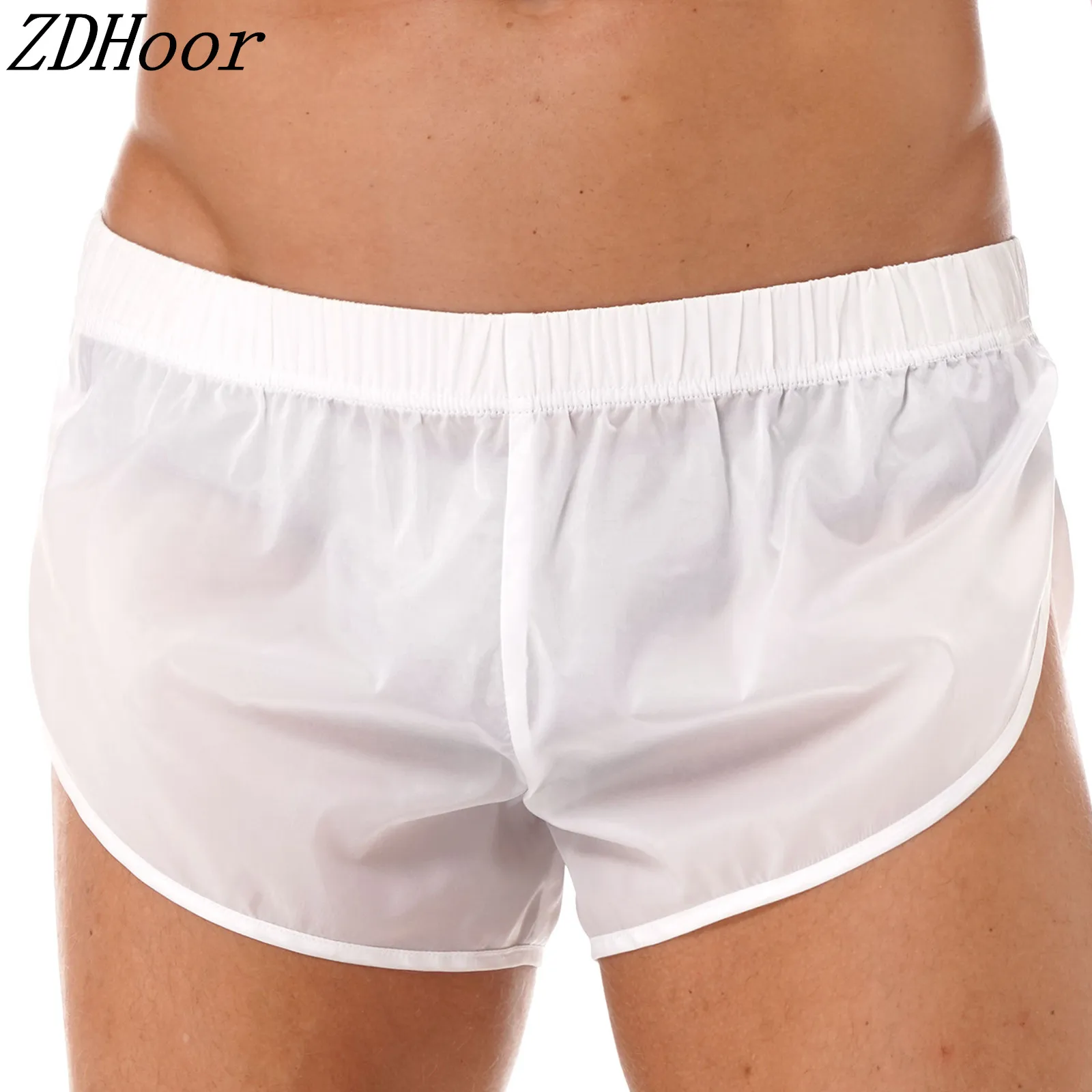 

Mens Trunks Sides Split Shorts Semi See-Through Elastic Waistband Boxer Swimming Beachwear Swimwear