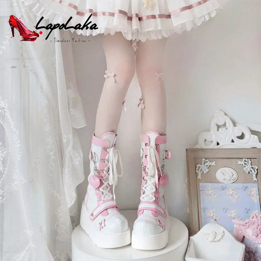 Популярные модные длинные ботинки LapoLaka 2022 на танкетке милые в стиле Лолиты с