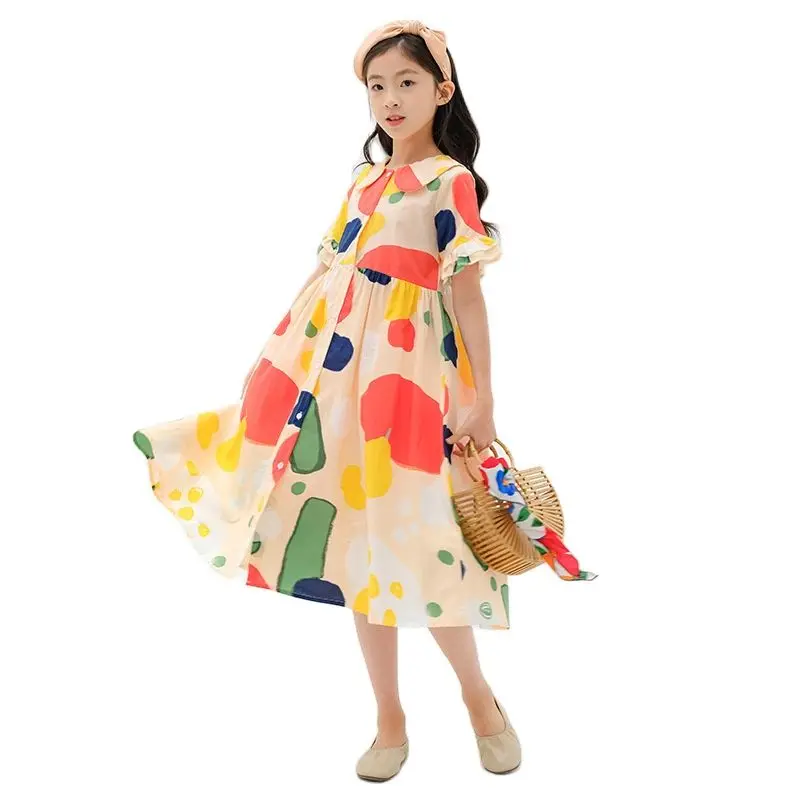 

Новинка 2022, летнее платье для девочек, платье-труба с длинным воротником и кукольным воротником, детская одежда в суперзападном стиле, красн...