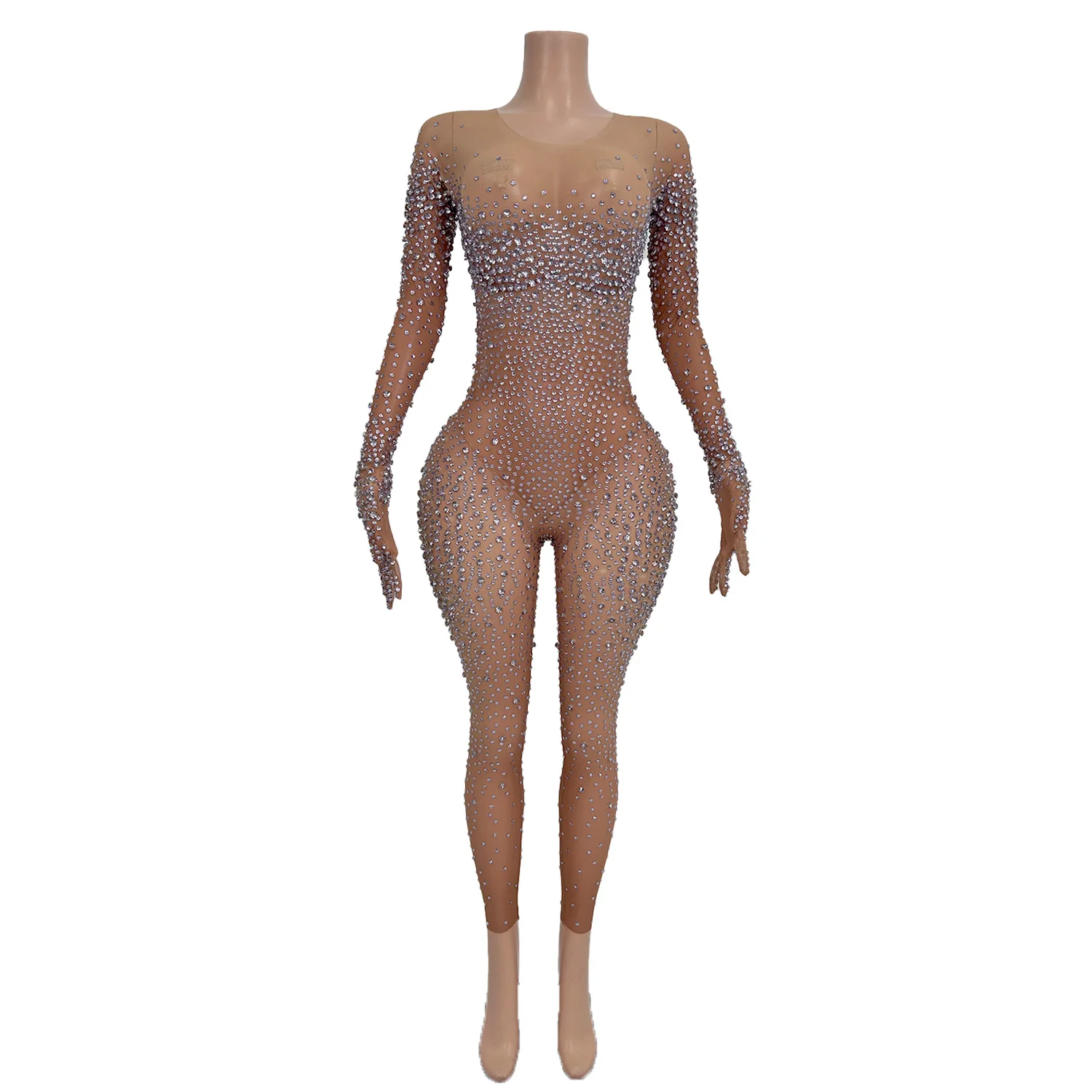 Прозрачный комбинезон женский фиолетовый бандаж с бриллиантами обтягивающий