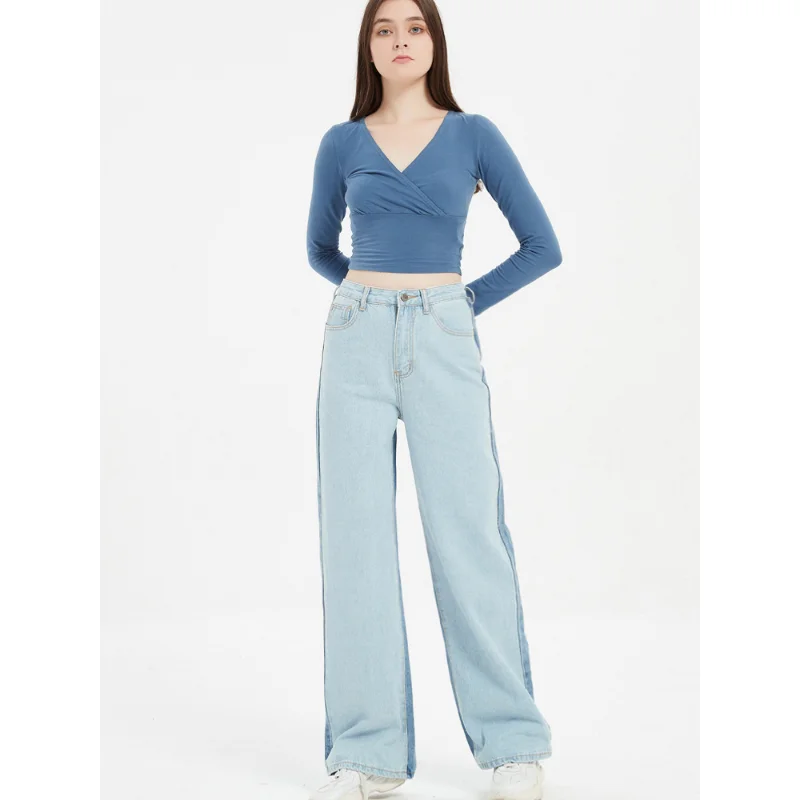 2023 new irregular color matching high waist straight pants women's casual trousers Europe and the United States