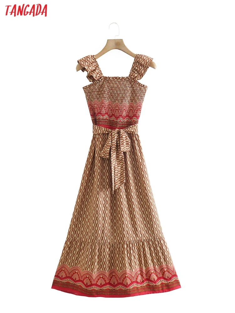 

Tangada Women Geometry Print Pleated Dress Ruffle with Slash Sleeveless Backless 2022 Summer Fashion Lady Long Dresses 8Y66
