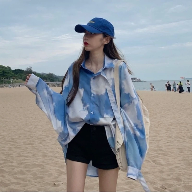 Женские летние рубашки с принтом облаков тонкие Топы длинным рукавом женская