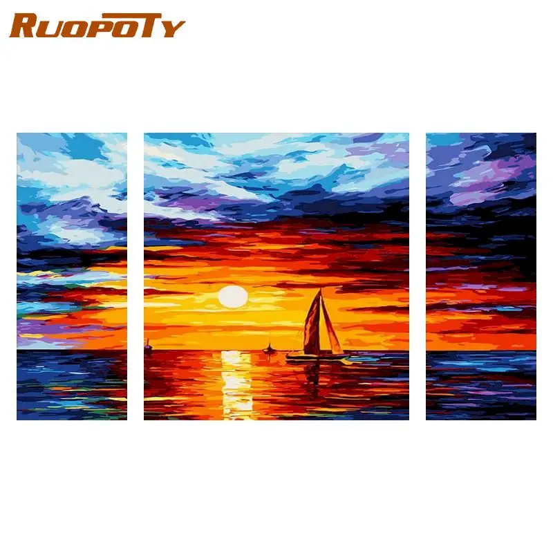 

RUOPOTY 3 шт./компл. DIY Раскраска по номерам на холсте настенное искусство Раскраска по номерам закат Лодка для дома Декор ручная работа