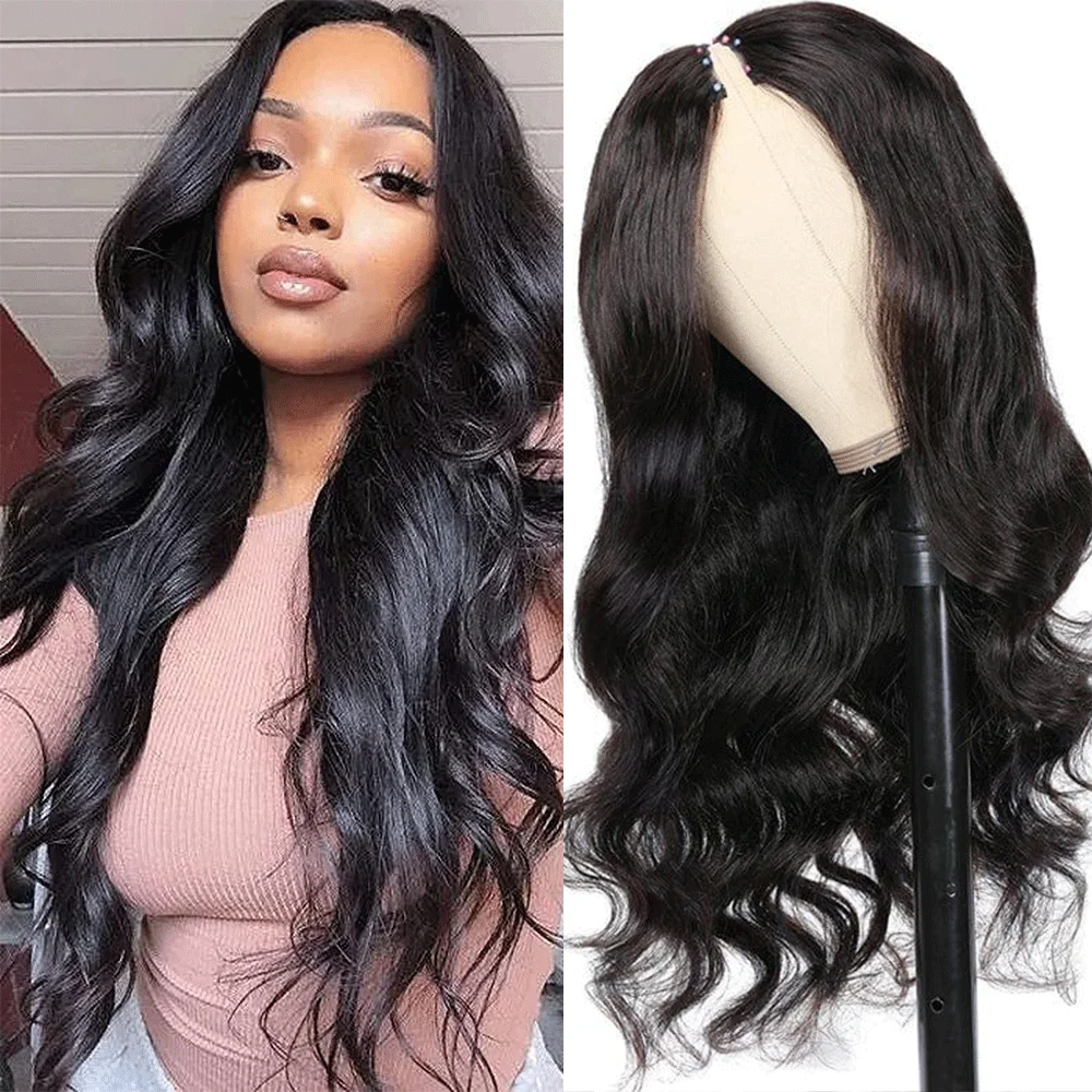 Body Wave V Part Human Hair Wigs No Gel No Glue 14-22 inches No Sew In 5 inches Deep Part V Part Body Wave Wig