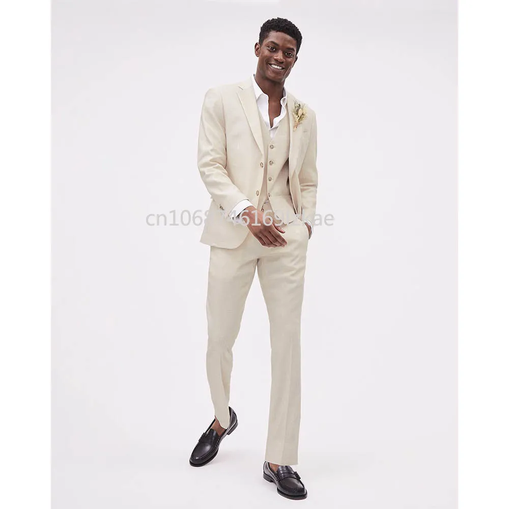 Приталенные мужские костюмы бежевый льняной роскошный пиджак брюки жилет полный
